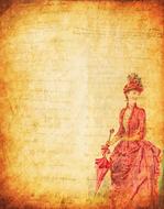 woman in retro dress with umbrella on vintage paper