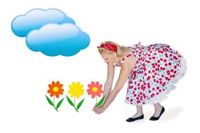 Colorful clipart with blonde woman picking flowers, under the clouds, at white background