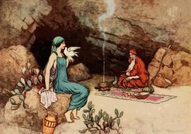 Colorful, old, vintage illustration with man and woman near the smoke and cave, clipart