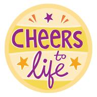 Colorful, round "Cheers to life" icon with stars, clipart