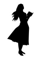 black silhouette of a girl in a dress with a book