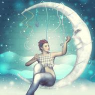 Colorful and beautiful clipart with woman on the Moon, among the sky