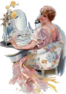 Beautiful and colorful, vintage painting of the woman in dress, sitting at the table, clipart