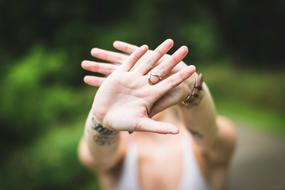 Woman's hands with tattoos on blurred nature background