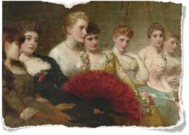 Beautiful and colorful, vintage painting of the women in dresses, clipart