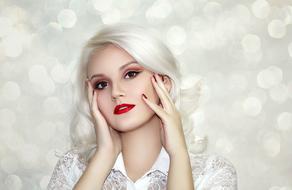 portrait of a girl with white hair and red lips