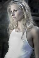 blonde posing in white t-shirt