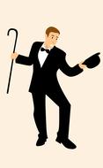 Smiling man in suit and hat, dancing with the cane, clipart