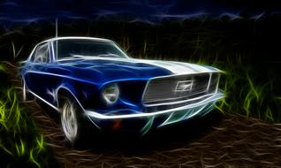 Shiny, blue, vintage "Ford Mustang" car from the 1967, among the colorful landscape with lights, clipart