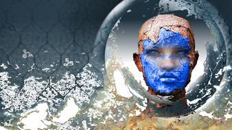 3d model of the woman with the colorful shapes on the face, at background with the water and patterns, clipart