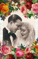 Black and white, vintage photo of the bride and groom, among the colorful and beautiful flowers, clipart