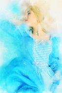 blonde in blue as a watercolor painting