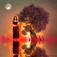 woman on the lake in a surreal landscape