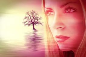 girl's face on the background of a lonely tree in the lake
