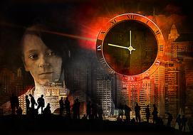 Silhouettes of the people, at colorful background with the woman, city and clock, clipart