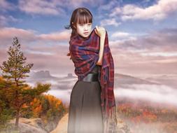 asian girl with sketchered plaid at scenic autumn landscape, digital art