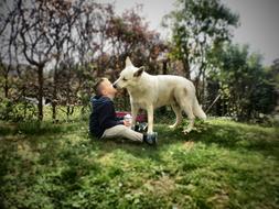 Girl, kissing with the cute and beautiful, white dog, among the colorful plants