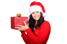 girl in santa hat with red gift