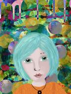 Beautiful and colorful painting with the emo girl, with the necklace, at colorful background, clipart