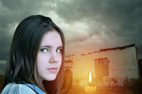 Portrait of the girl, near the candle, on the Gothic landscape under the clouds, clipart