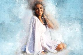 Beautiful painting of the smiling girl, in white dress, at blue background, clipart