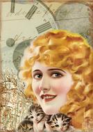vintage collage, pretty woman with kittens at clockface