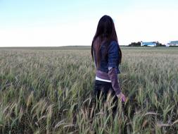 long hair Brunette Woman in green barley field