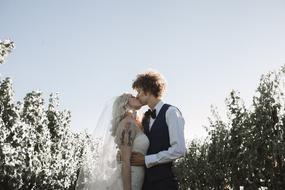 wedding kiss in nature on a sunny day