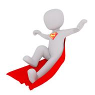 3d, white figure of a human with colorful "Superman" logo and cloak, at white background, clipart