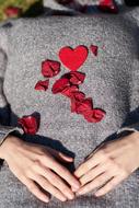 Valentineâs Day Celebration, red heart and rose petals on grey dress