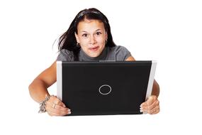 Smiling woman, holding computer in the hands, at white background, clipart