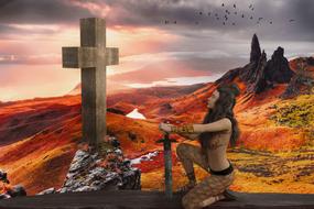 Fighter Woman Warrior and wood cross