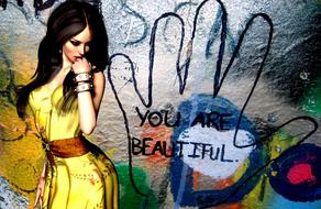 you are beautiful, Stylish Woman at wall with graffiti, digital art