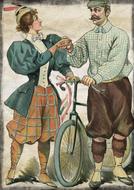 Beautiful and colorful, vintage painting of the couple with the bicycle, clipart