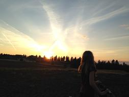 Girl Woman on field at Sunset