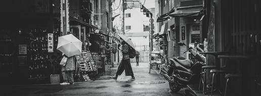 black and white, people under umbrellas on a city street