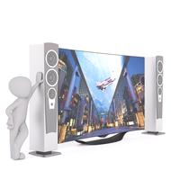 White figure of a human, near the colorful television with speakers, at white background, clipart