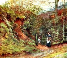 Beautiful and colorful, vintage painting with the people on the path with fence, among the plants, by Helen Allingham, clipart