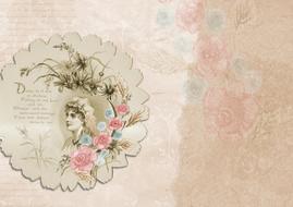 Vintage portrait among the colorful flowers and frame, clipart