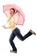 girl with short hair under a pink umbrella