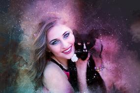 girl black cat long hair blonde