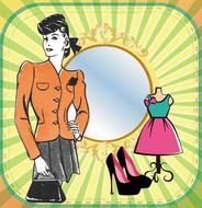 Colorful, vintage clipart with the woman, clothing and mirror, at background with the pattern, clipart