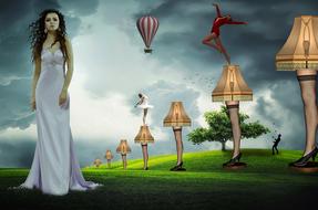 girl in a white dress, floor lamps and female legs on the lawn