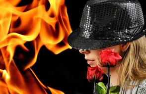 Woman Hat Roses Fire And