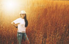 Girl Woman on Hay Field