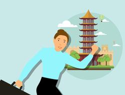 travel logo, woman with suitcase on the background of the tower in Beijing
