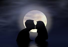 Silhouettes of the pair in kiss in the water, at background with the Moon in night sky, clipart