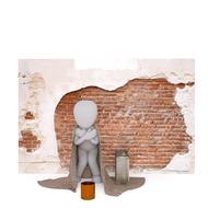 homeless beggar at brick wall, abstract 3d render