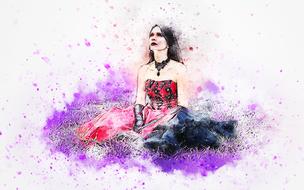 young girl sits on grass looking up, colorful digital art