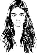 young long hair girl, black and white drawing, portrait